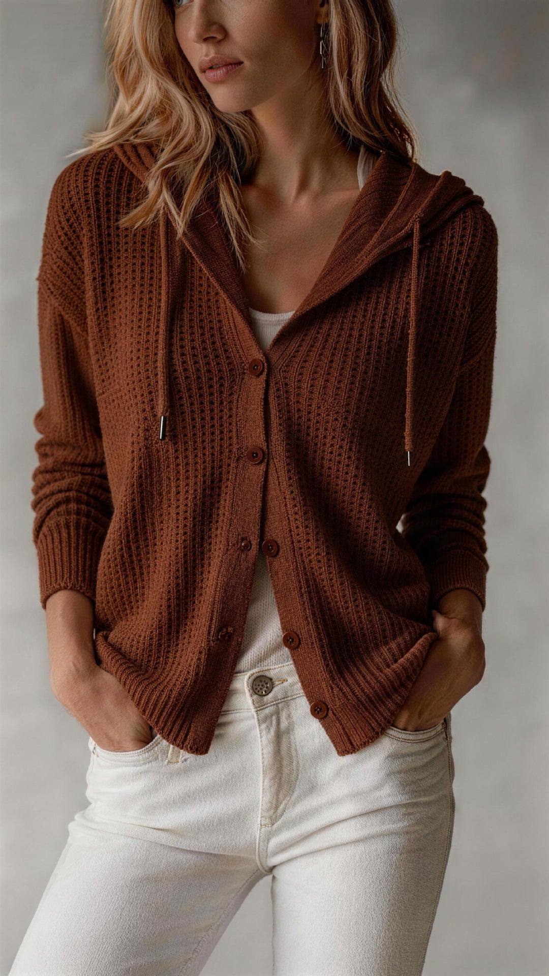 Hooded Knitted Cardigan Womens Loose-Fit Coat NorixaFashion.com