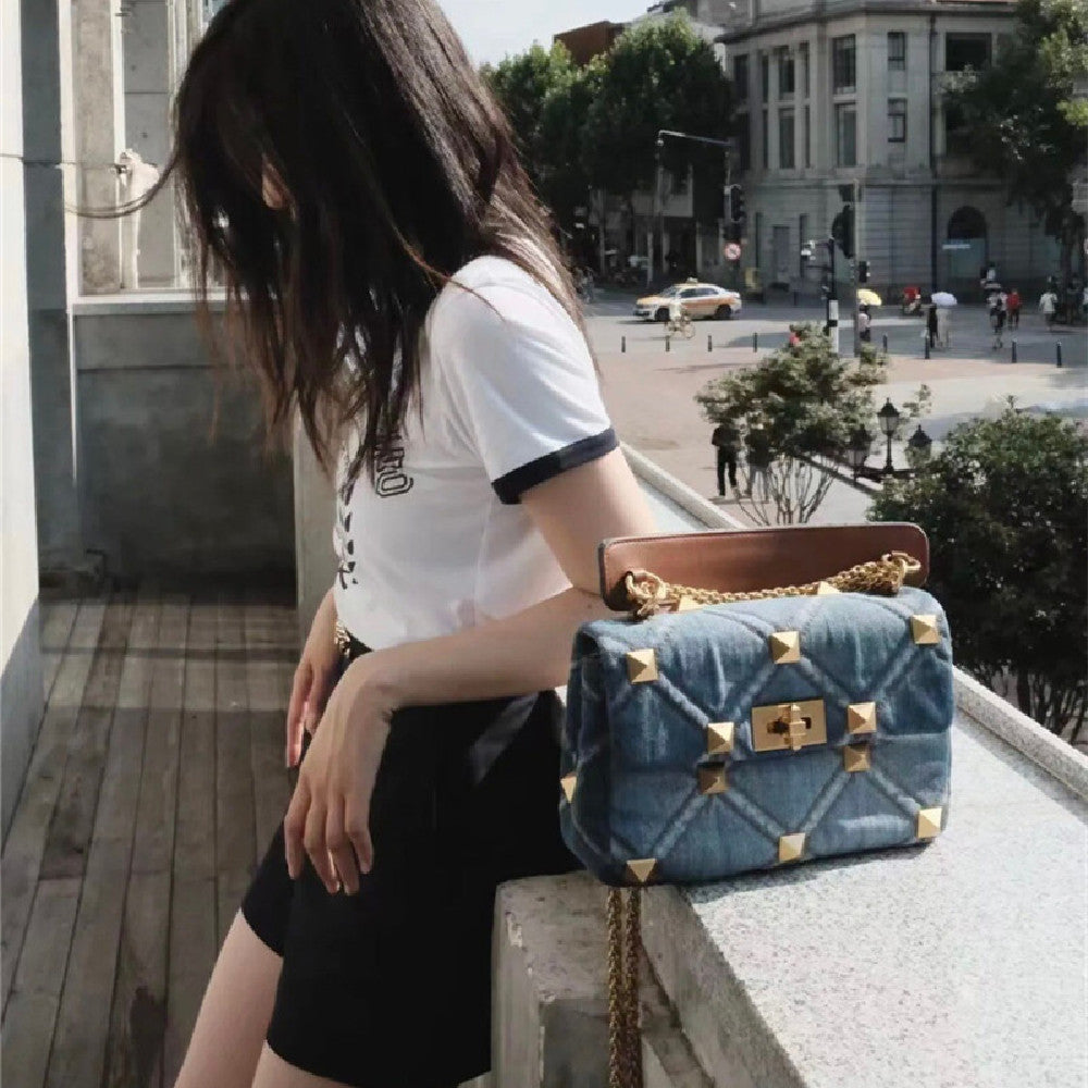Denim With Cowhide Bag Large Rivet LadyShow.Store