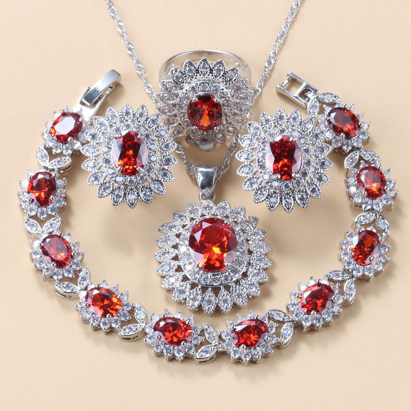 Garnet Cubic Zirconia Earrings Pendant Necklace Bracelet Ring Gift 4 PCs Set LadyShow.Store