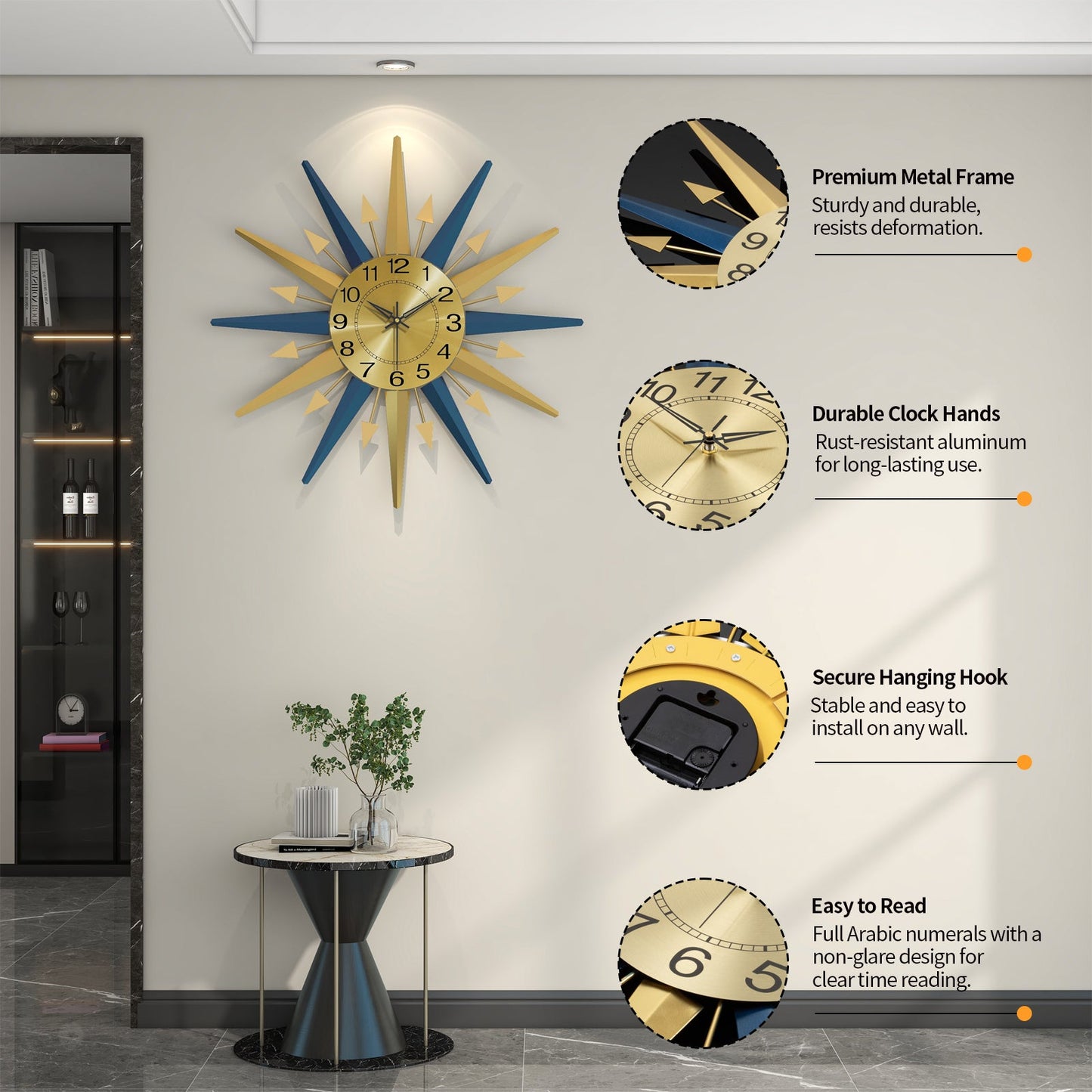 Sunburst Wall Clock Metal Modern Decorative Home Decor PearlNestDecor.com