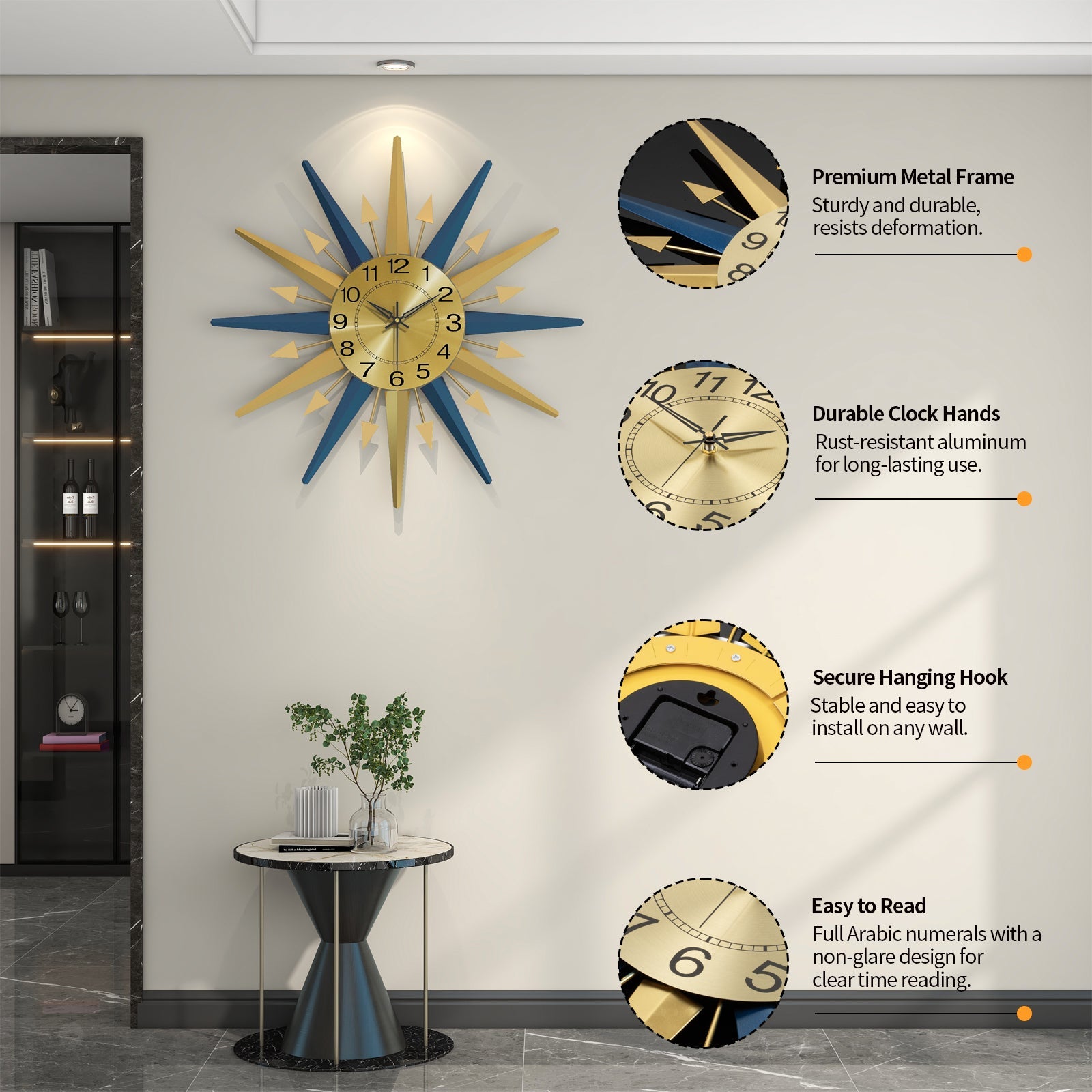 Sunburst Wall Clock Metal Modern Decorative Home Decor PearlNestDecor.com