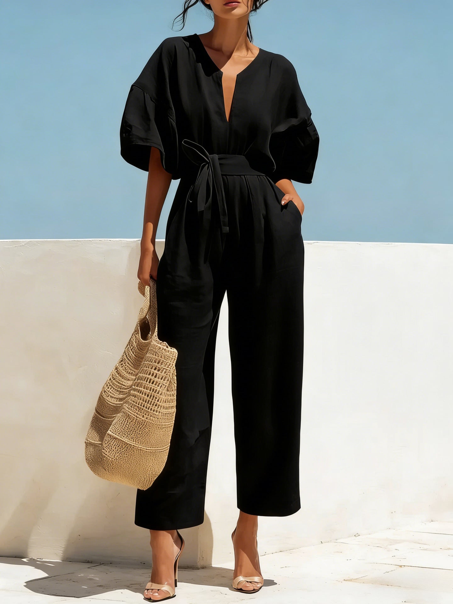 Fashionable V-Neck Solid Color Cotton-Linen Jumpsuit For Women LadyShow.Store