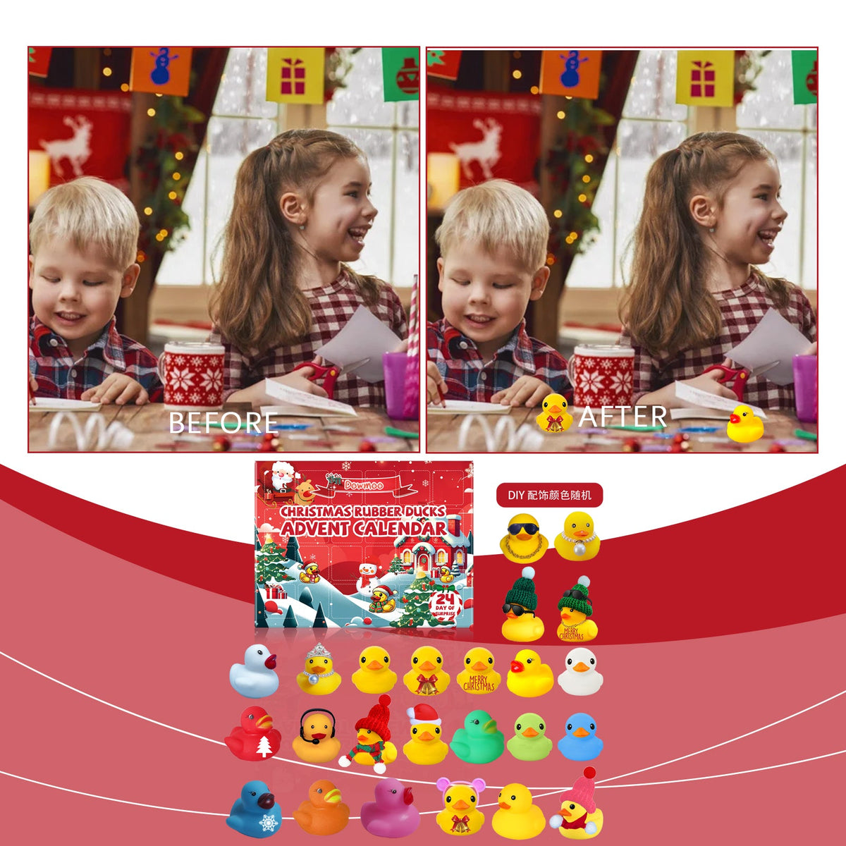 Dowmoo 24 Grids Christmas Advent Rubber Duck Blind Box 24 PIECES Product Size -1 Duck 3.7x3.8cm, 2 Ducks 3.3x2.8cm, 3 Ducks 4.6x4.4cm Tri Light Beauty