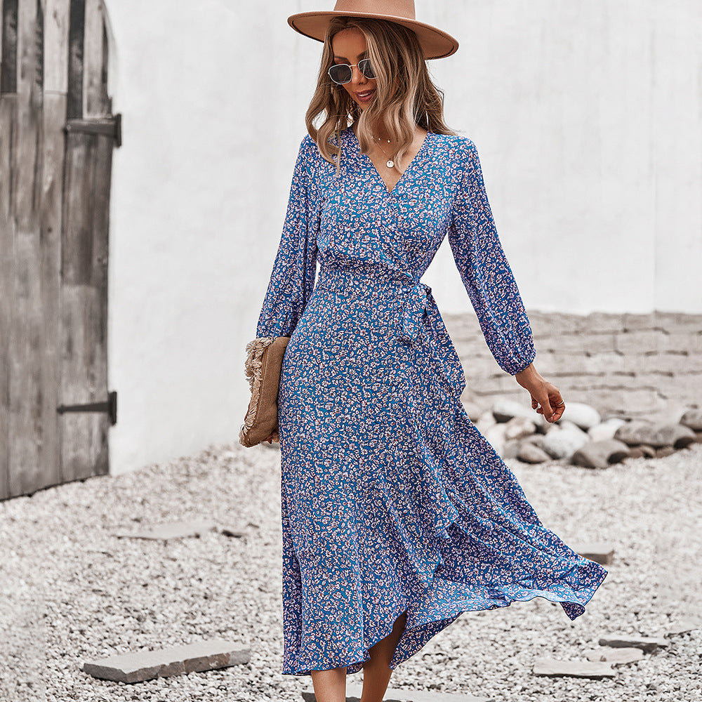 Autumn And Winter Floral Dress With Chest Wrap And Tie Large Swing Skirt Leisure Holiday Style LadyShow.Store