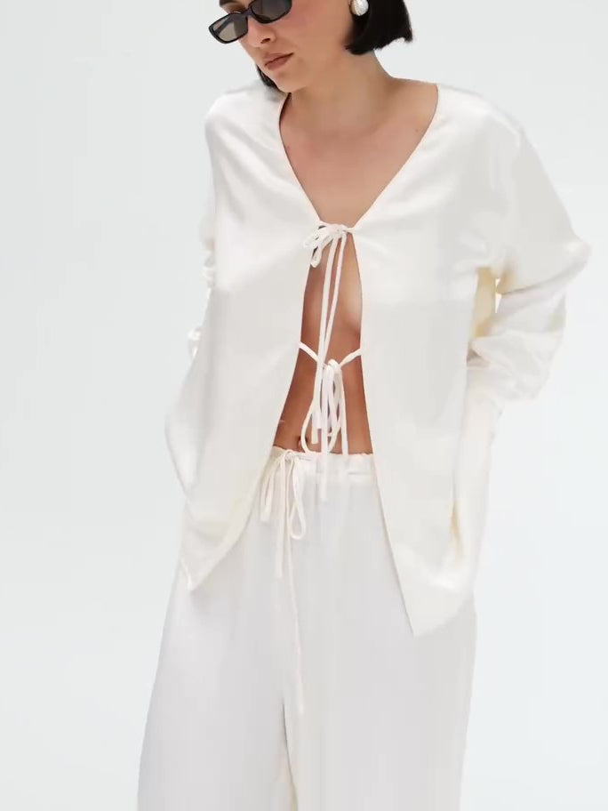 Cream Satin Tie-Front Top And Wide-Leg Pants Set NorixaFashion.com
