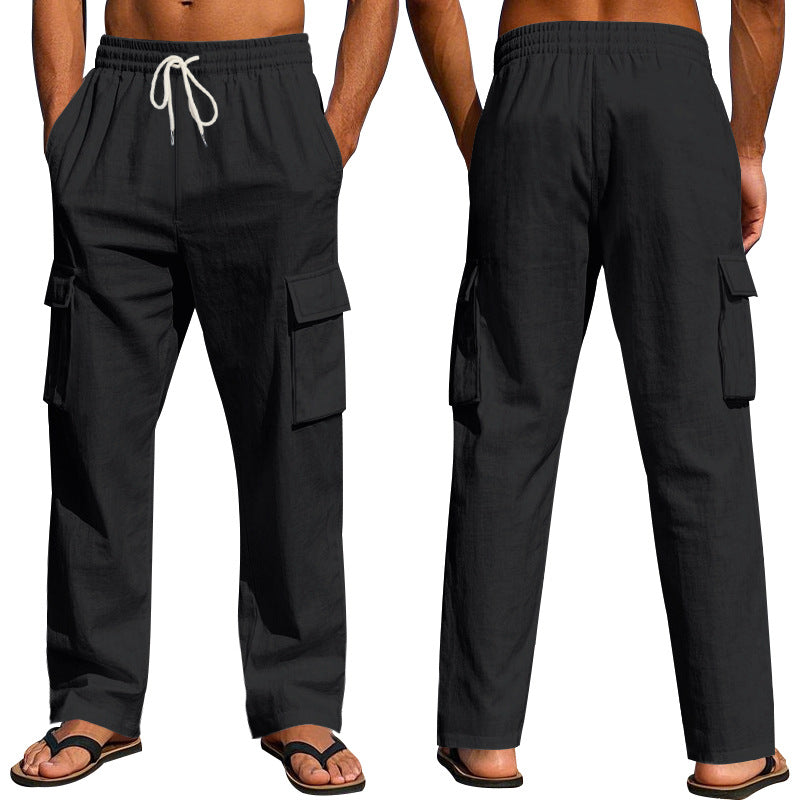 Men's Workwear Multi-pocket Straight Linen Pants Linen Four Seasons Thin Breathable Cargo Pants, Multi-pocket Loose Casual Trendy Wide-leg Pants NorixaFashion.com