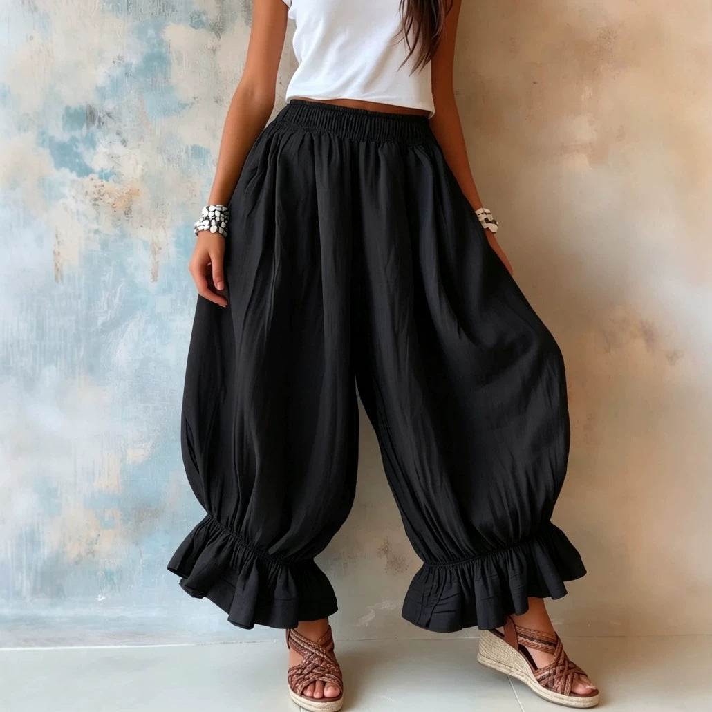 Loose Casual Cotton-linen Flared Pants With Ruffled Hems For Women NorixaFashion.com