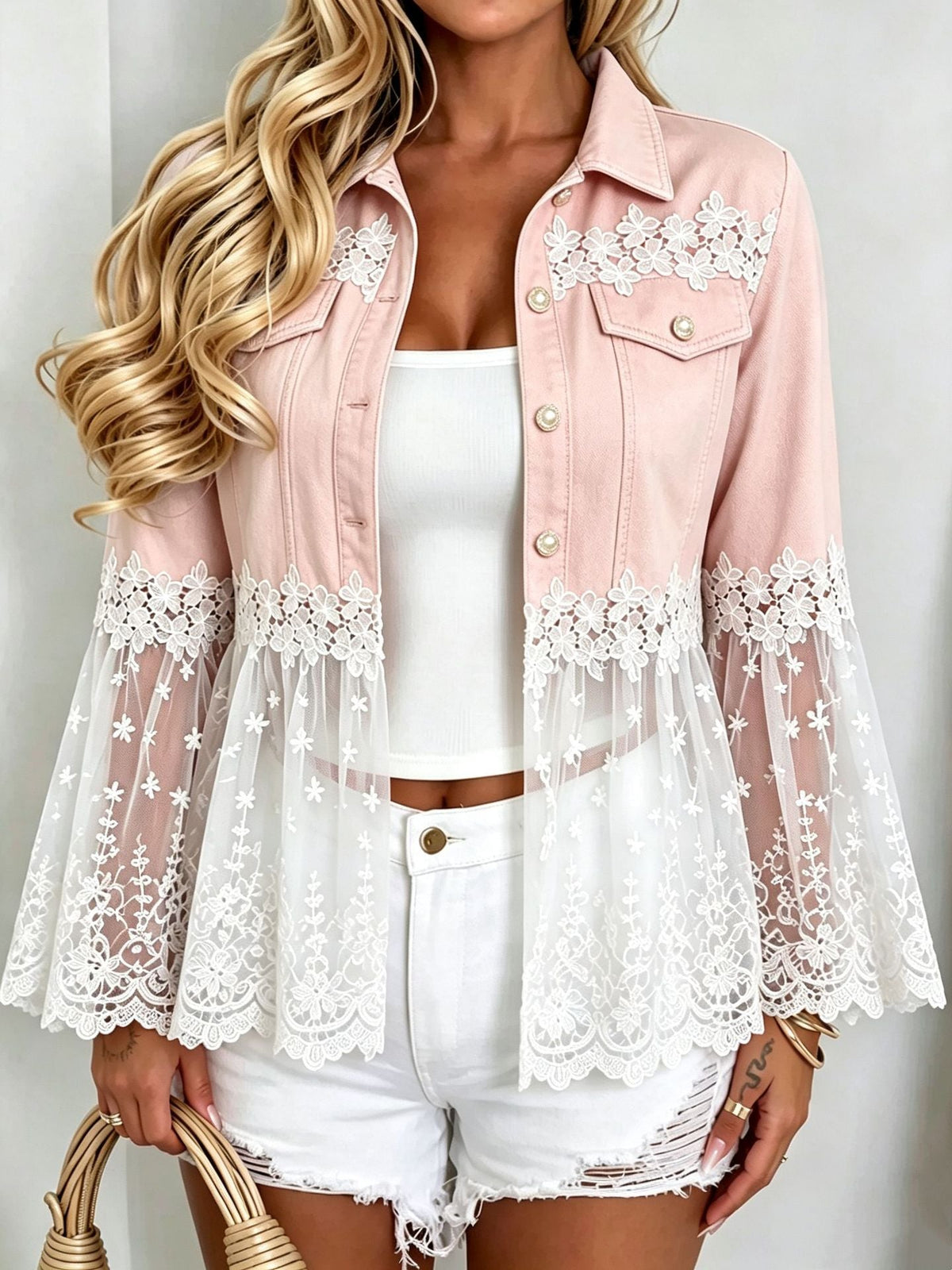 2026 Autumn Cross-Border Amazon AliExpress Temu Shein Lace Mesh Patchwork Bell Sleeve Denim Jacket NorixaFashion.com