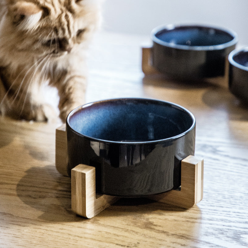 Starry Sky Ceramic Cat Bowl Protects Cervical Spine Wooden Frame Double Bowl Pets Fashion