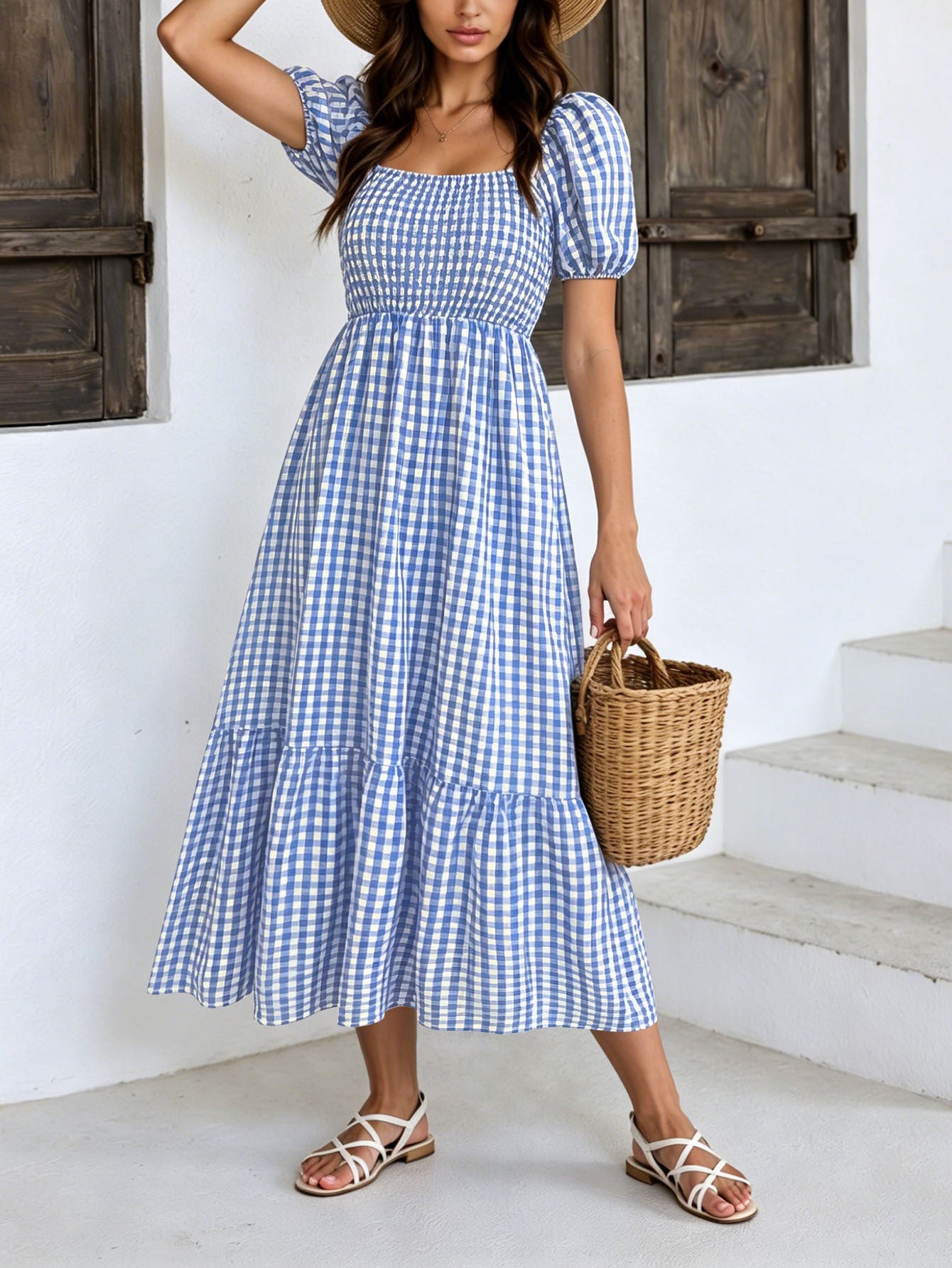 Women's Literary Retro Style Puff Sleeve Dress  Vichy Check Square Neck High Waist Tiered Dress NorixaFashion.com