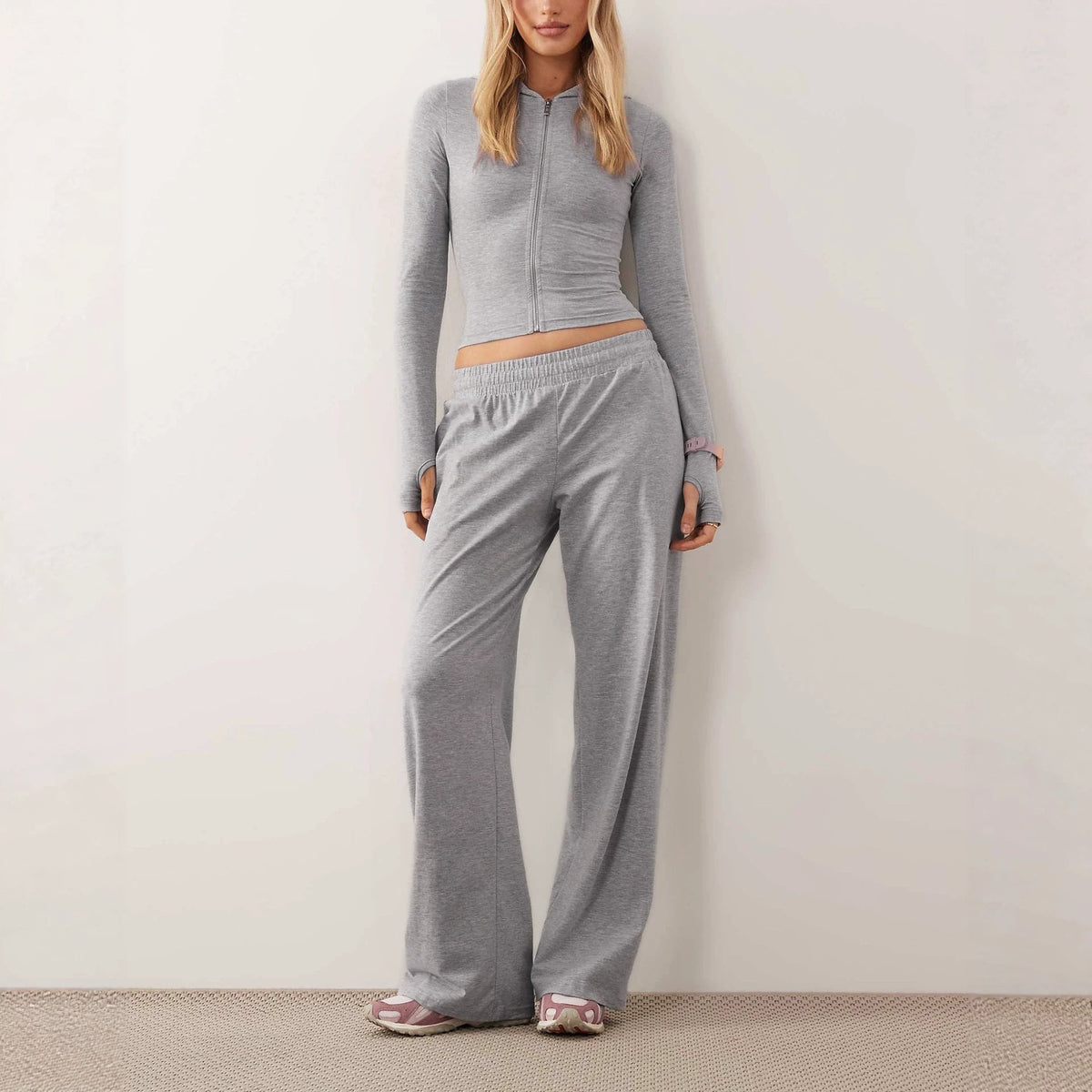 2026 In Stock Autumn Winter European And American Women's Fashion New Casual Hooded Sweatshirt Jacket Solid Color Slim Fit Two Piece Set NorixaFashion.com