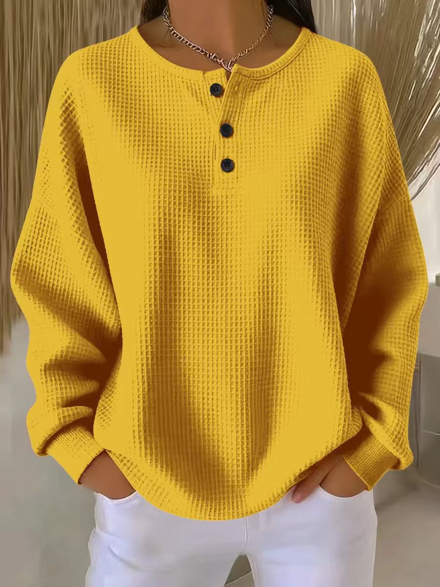 Ins Waffle Long-sleeved T-shirt Fashion Solid Color Buttons Round Neck Pullover Top Women's Clothing NorixaFashion.com