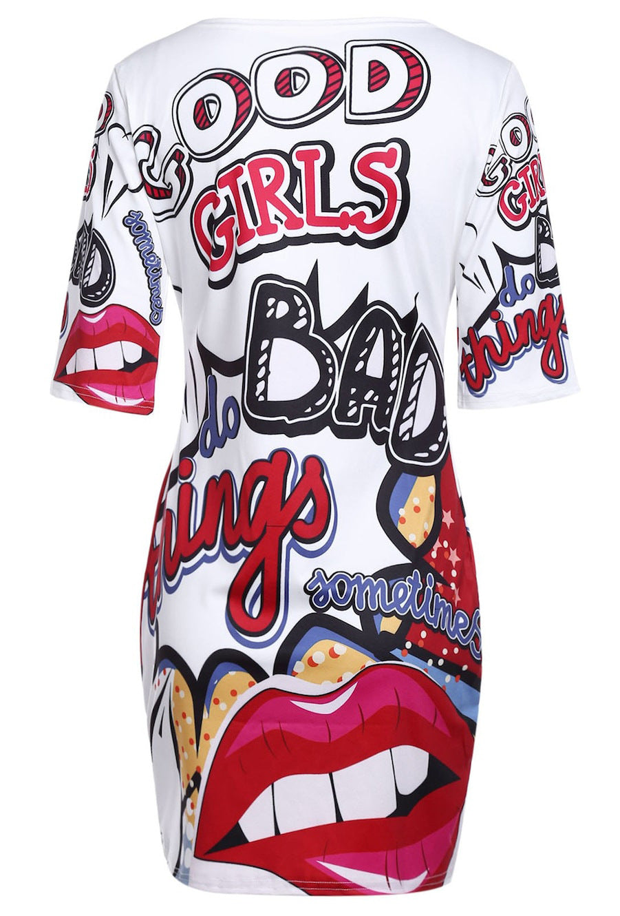 Funny Red Lips Graffiti Print T-Shirt Dress Pi-Mart