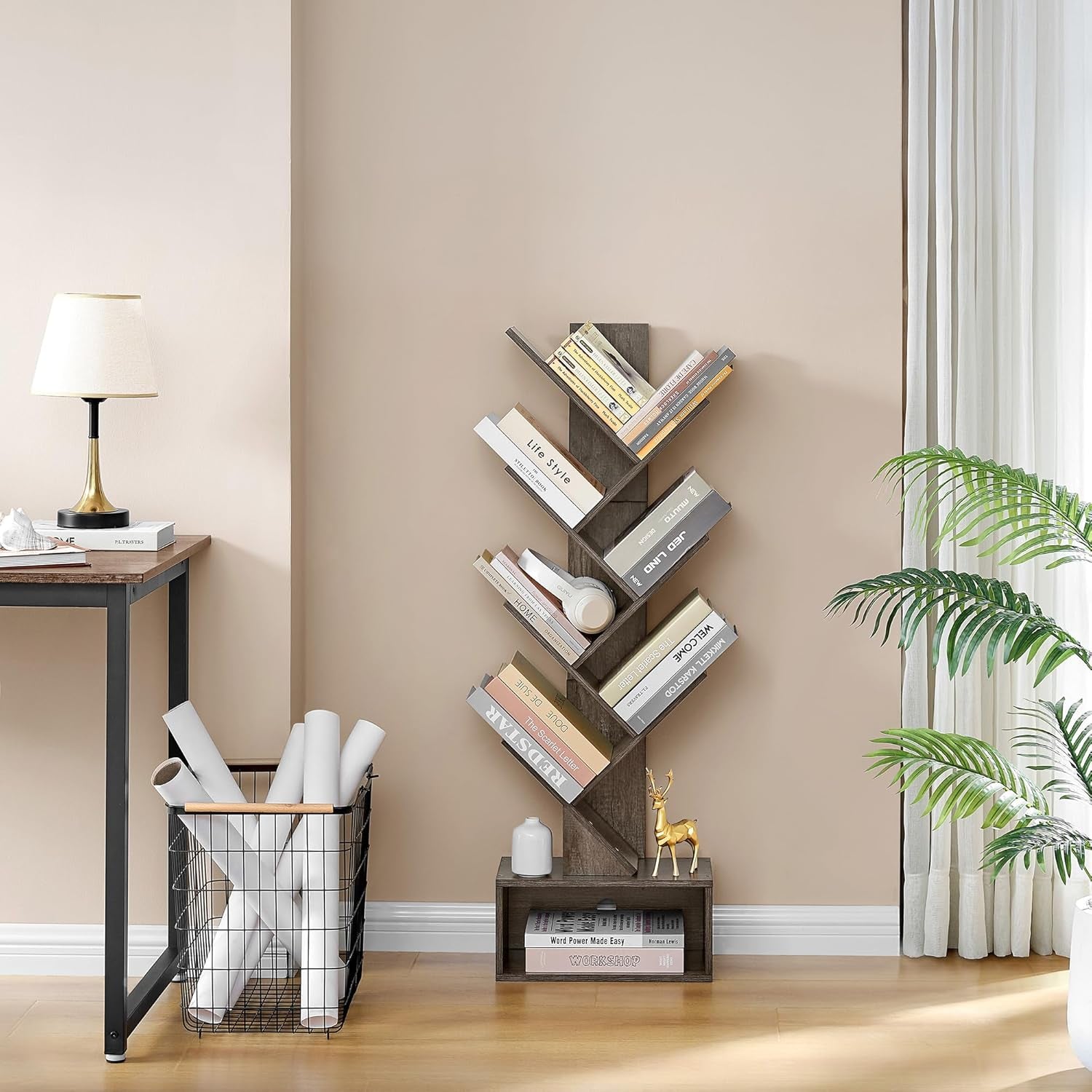 6 Tier Tree Bookshelf Bookcase With Drawer Grey Office LuxuryLifeWay Online Store