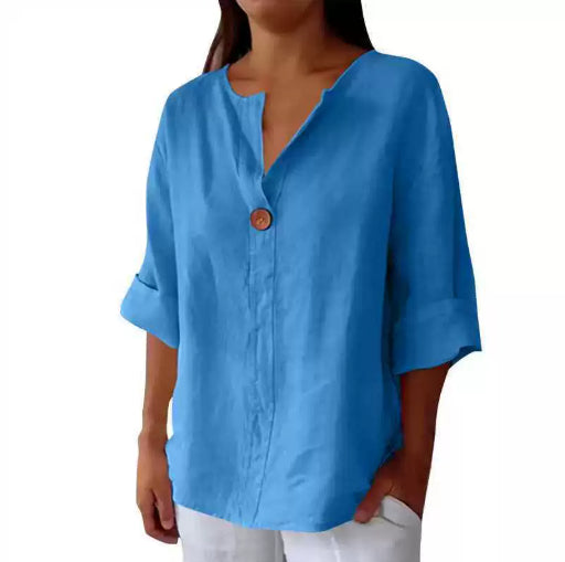 V-neck Long-sleeved T-shirt Fashion Loose Cotton And Linen Button Tops For Women NorixaFashion.com