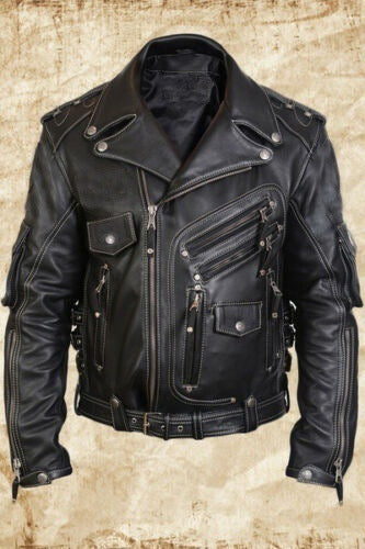 Men's Leather Jacket with Zipper and Multi-Pockets Pi-Mart