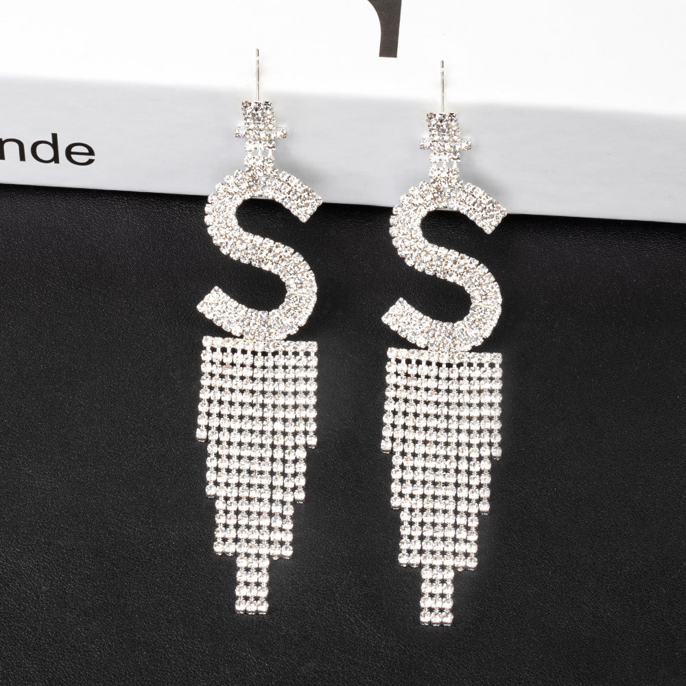 Fashion Jewelry 925 Silver Needle Ornaments Rhinestone Letter B Earrings Banquet Tassel Ear Ornaments Female CJD2