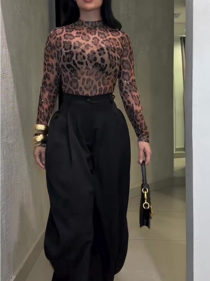 Leopard Print High Neck Diamond Long Sleeve Top NorixaFashion.com