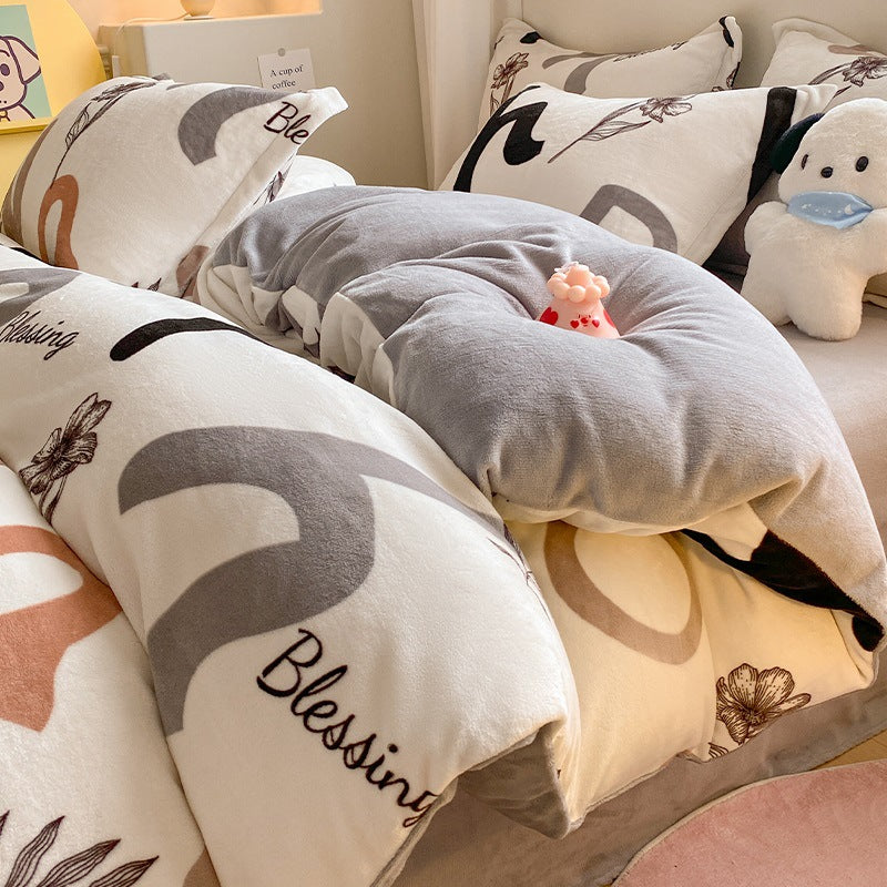 Winter Thickening Milk Fiber Bed Four-piece Coral Velvet Quilt Cover Flange Double-sided Bed Sheet Three-piece Bedding CJD2