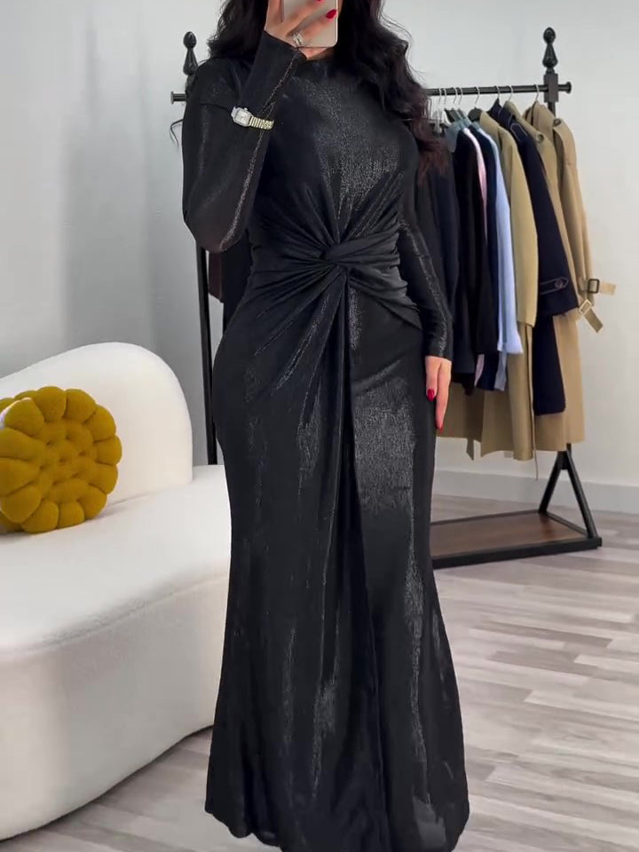 Metallic Maxi Dress With Twist Front Detail And Long Sleeves NorixaFashion.com