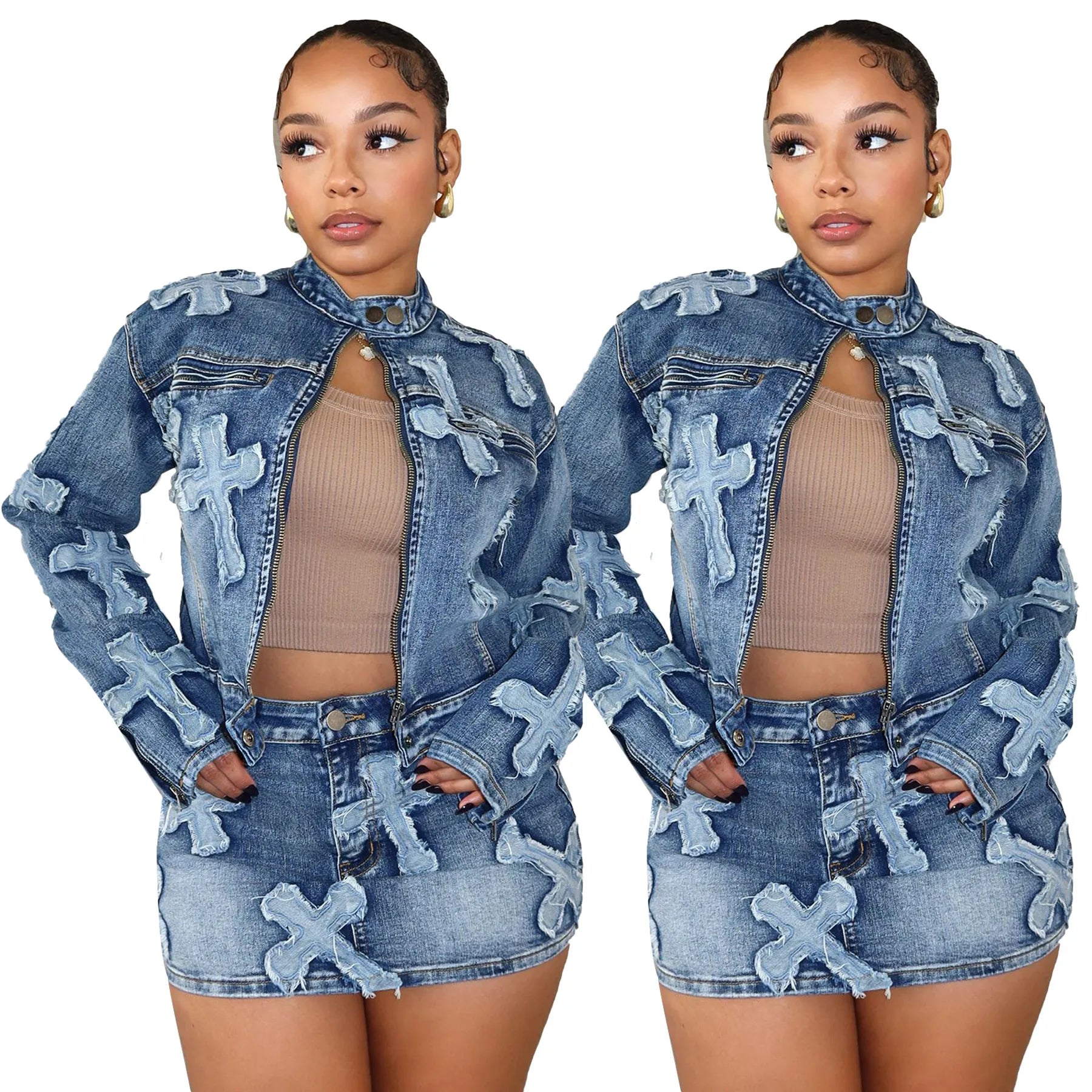 Denim Embroidered Skirt & Jacket Set Pi-Mart