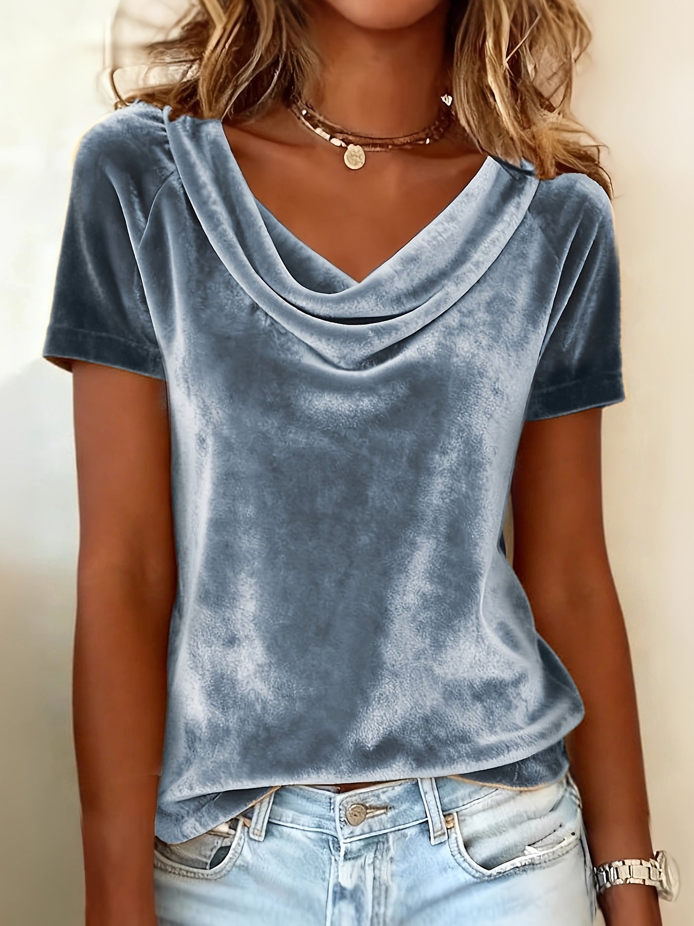 Womens New Solid-Colored Scoop-Neck Short-Sleeve Sexy Velvet T-Shirt LadyShow.Store