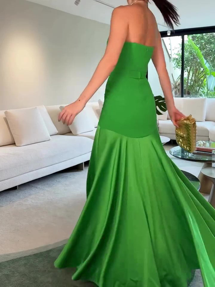 Green Tube Top With Satin Patchwork Evening Dress NorixaFashion.com