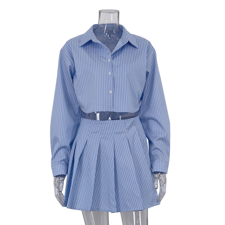 Fashionable Striped Collared Long-sleeved Shirt And Skirt Set NorixaFashion.com