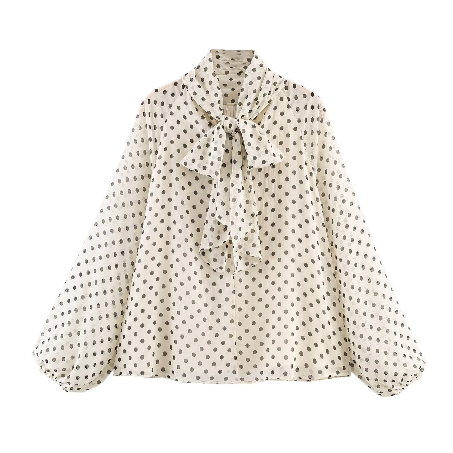 Polka Dot Long-Sleeve Shirt With Bow NorixaFashion.com