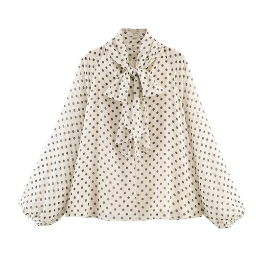 Polka Dot Long-Sleeve Shirt With Bow NorixaFashion.com