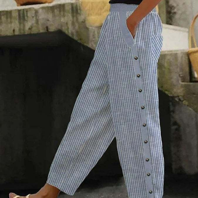 Printed Striped Button-binding Elastic Waist Cropped Pants NorixaFashion.com
