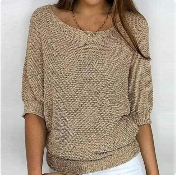Three-quarter Sleeve Pullover Sweater Fashion Solid Color Loose Round Neck Knitted Top For Women Clothing NorixaFashion.com
