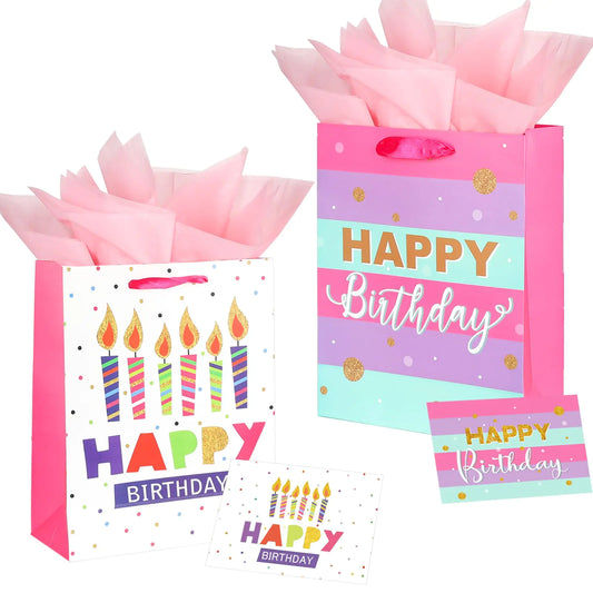 Dimetey 2 Pack 12.6" Large Gift Bag with Tissue Paper and Happy Birthday Card for Birthdays (Pink)