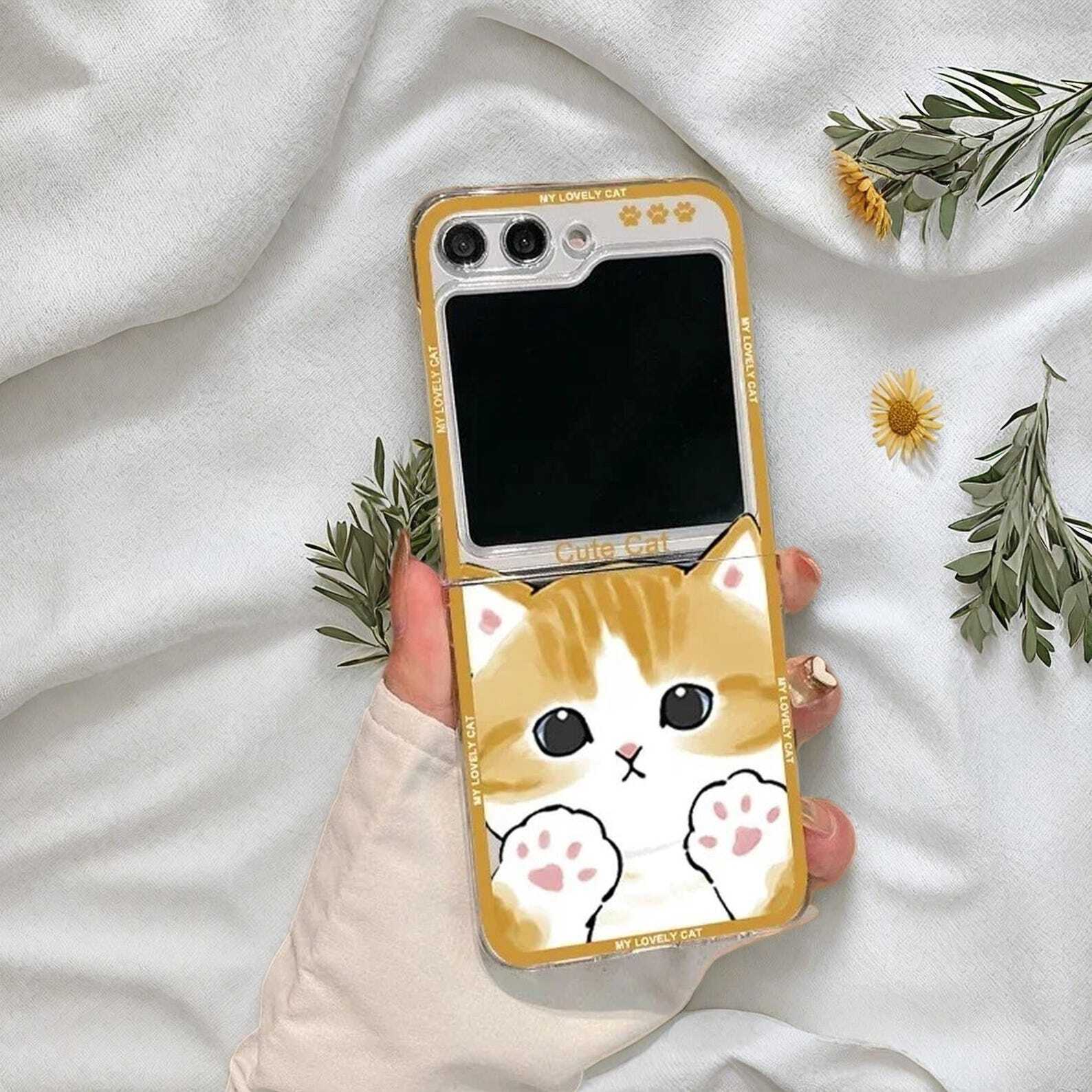 Cute Cartoon Cat Clear Case for Samsung Galaxy Z Flip 7 6/5/4/3 - Hard Shockproof Cover with Fun Design and Durable Protection LuxuryLifeWay Online Store