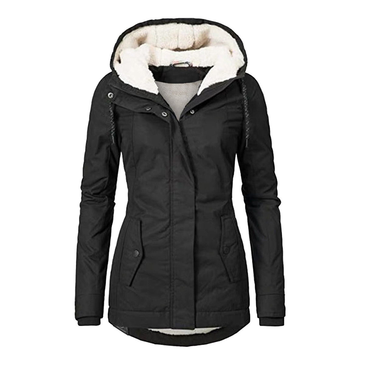 Winter Hooded Jacket Solid Color Warm Buckle Zip-up Fleece Jacket With Pockets Women's Casual Jacket LadyShow.Store