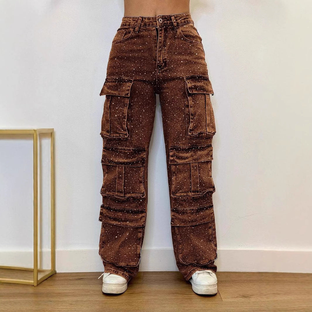 Women's Casual Jeans With Pockets And Diamonds Overalls LadyShow.Store