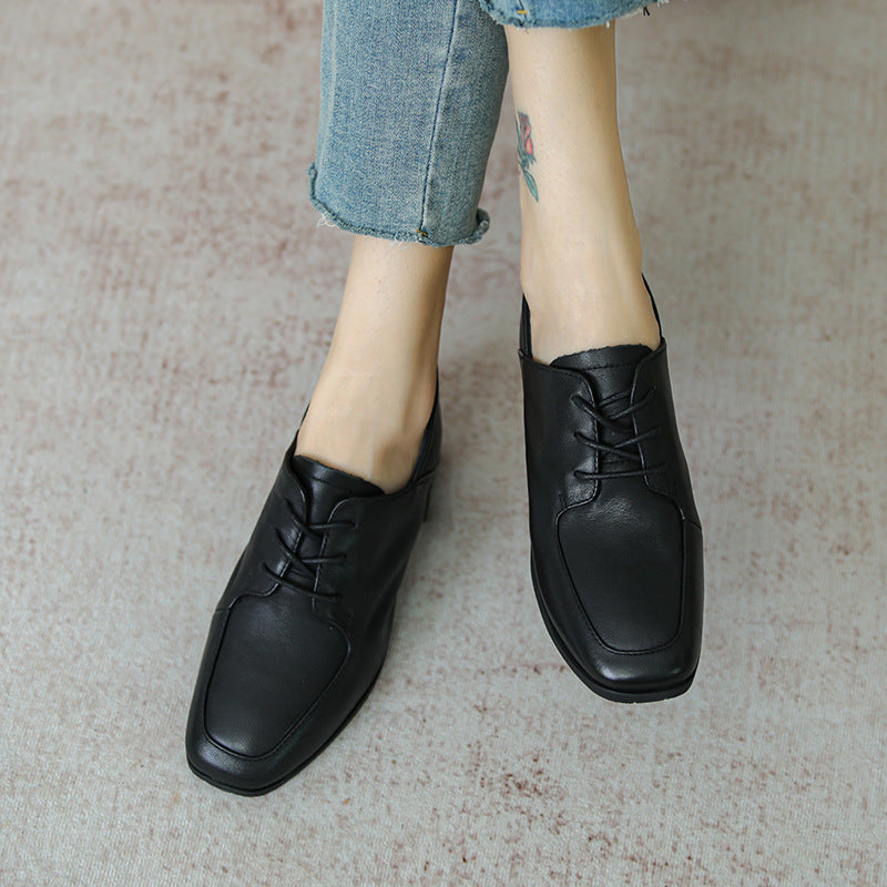 New Deep Mouth Women''s Shoes Lace Up Leather Single Shoes LadyShow.Store