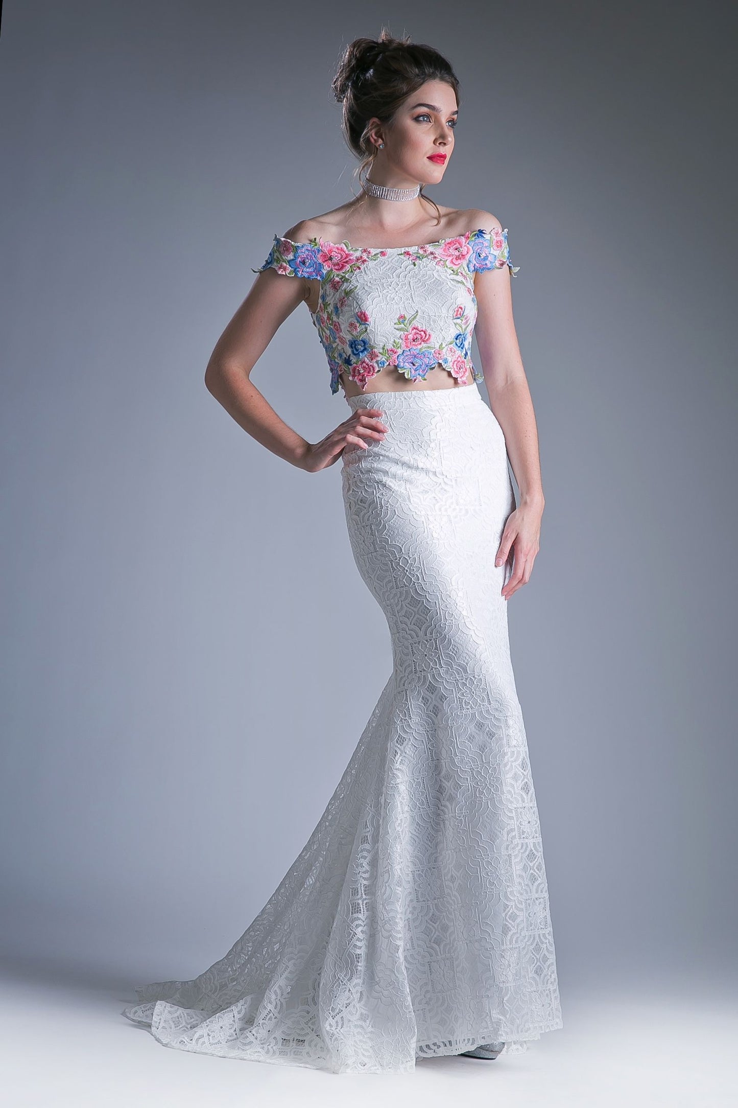 Two piece off the shoulder fitted dress with embroidered floral appliques and lace detailed skirt. LuxuryLifeWay Online Store