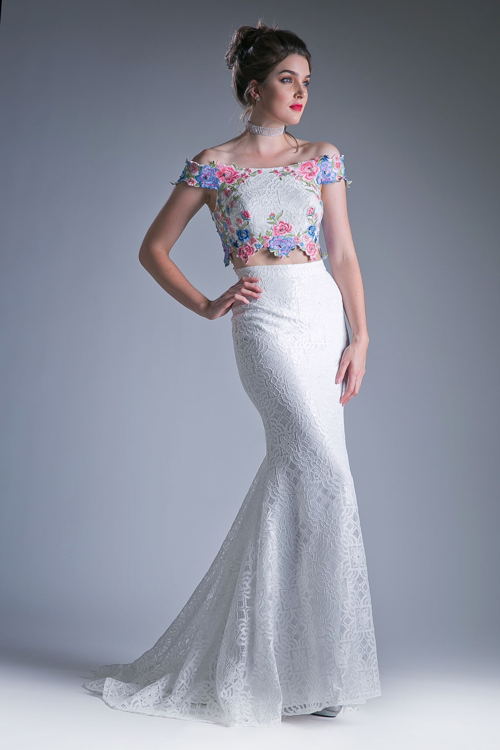 Two piece off the shoulder fitted dress with embroidered floral appliques and lace detailed skirt. LuxuryLifeWay Online Store