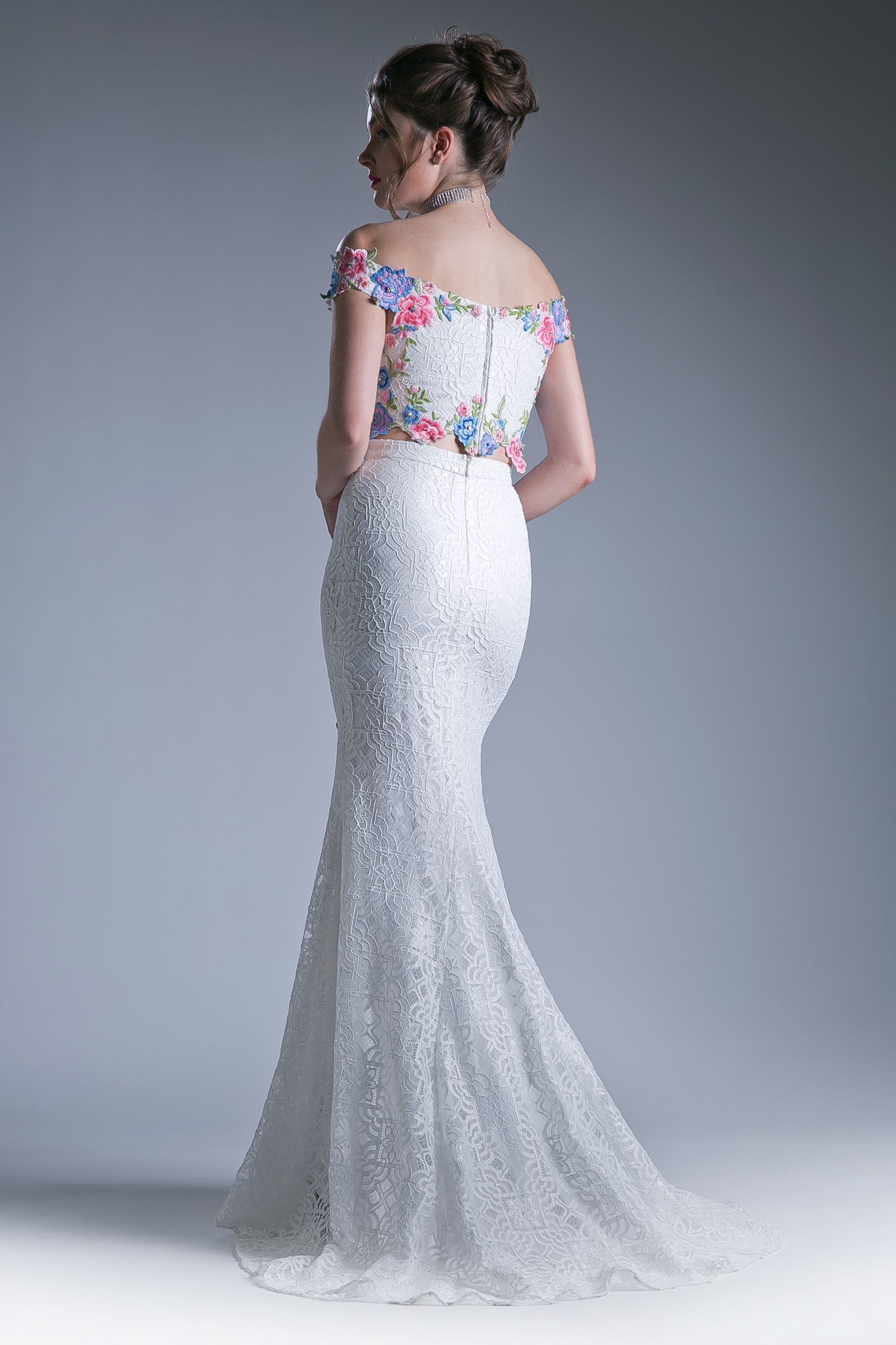 Two piece off the shoulder fitted dress with embroidered floral appliques and lace detailed skirt. LuxuryLifeWay Online Store