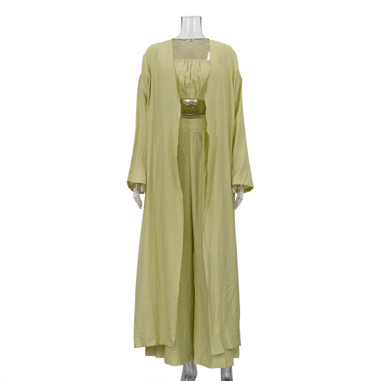 Sage Green 3-Piece Loungewear Set - Crop Top, Kimono Cardigan & Wide Leg Pants NorixaFashion.com