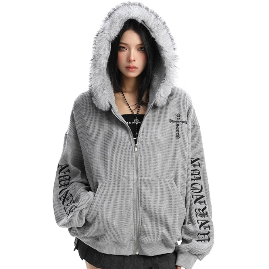 Cross Printed Hoodie Women's Fur Collar Baggy Coat Best YouTube Store