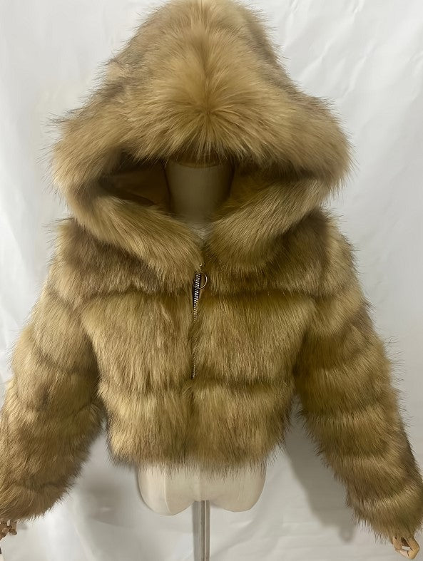 Short Hooded Faux Fur Long Sleeve Coat NorixaFashion.com