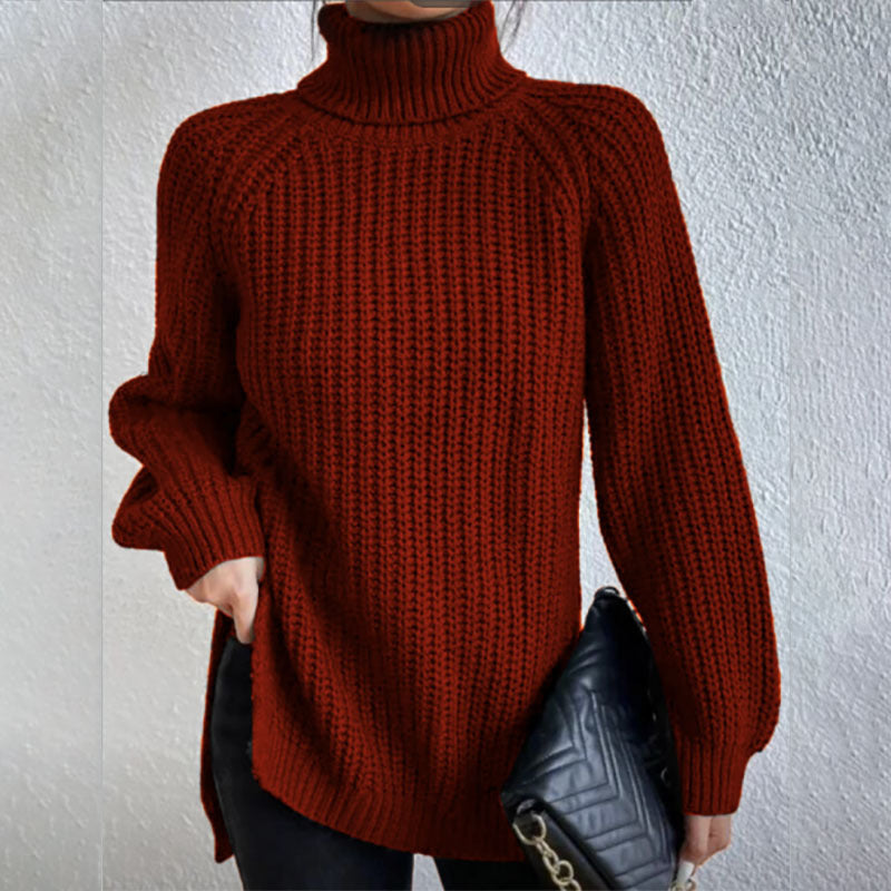 Turtleneck Pullover Sweater With Split Design Fashion Simple Solid Color Long Sleeve Tops Women's Clothing LadyShow.Store
