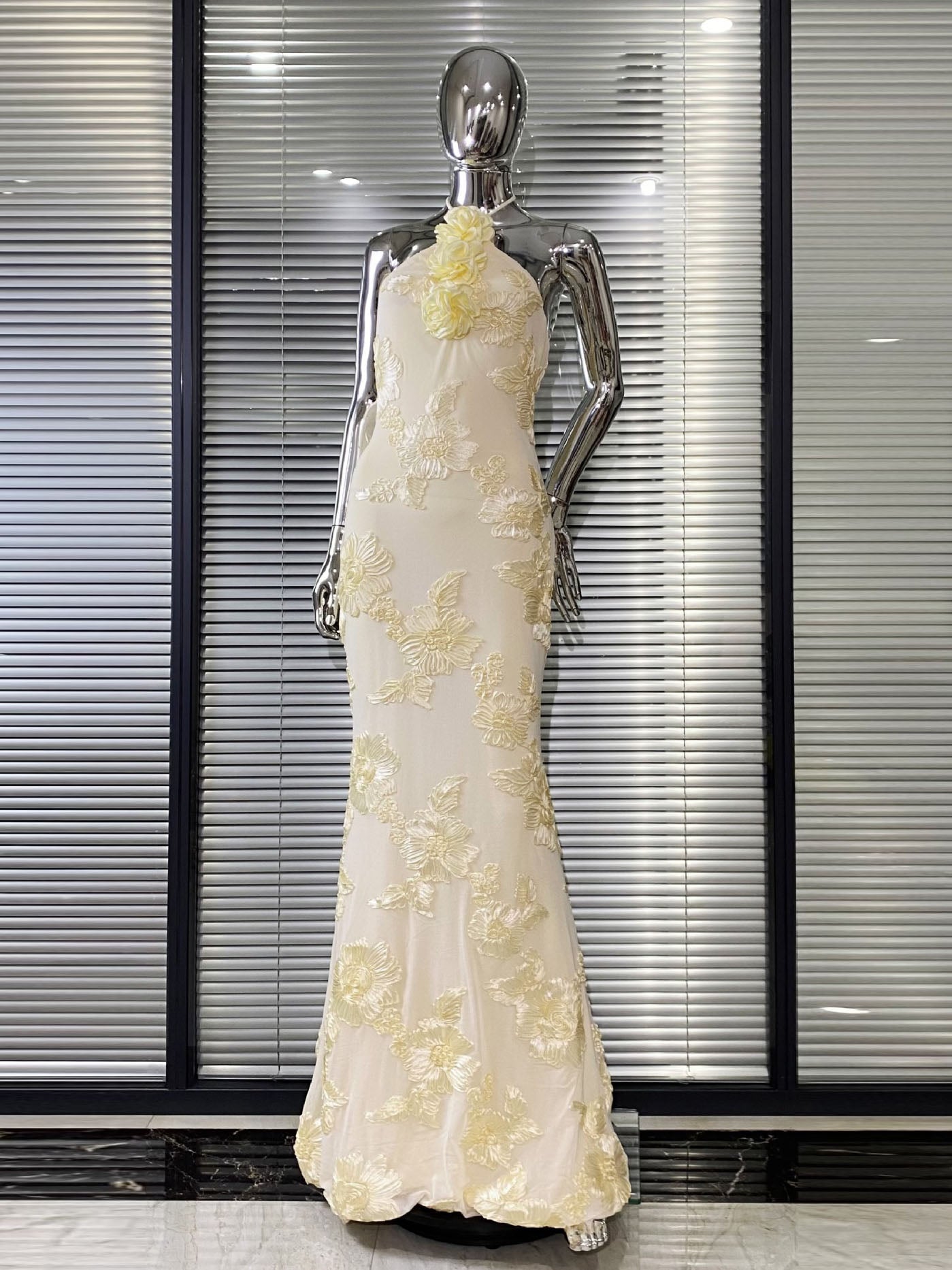 Cream Floral  Halter Neck Mermaid Gown NorixaFashion.com