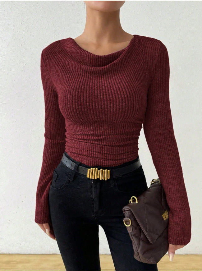 Autumn Bell Sleeve Draped Neck Slimming Knit Top LadyShow.Store