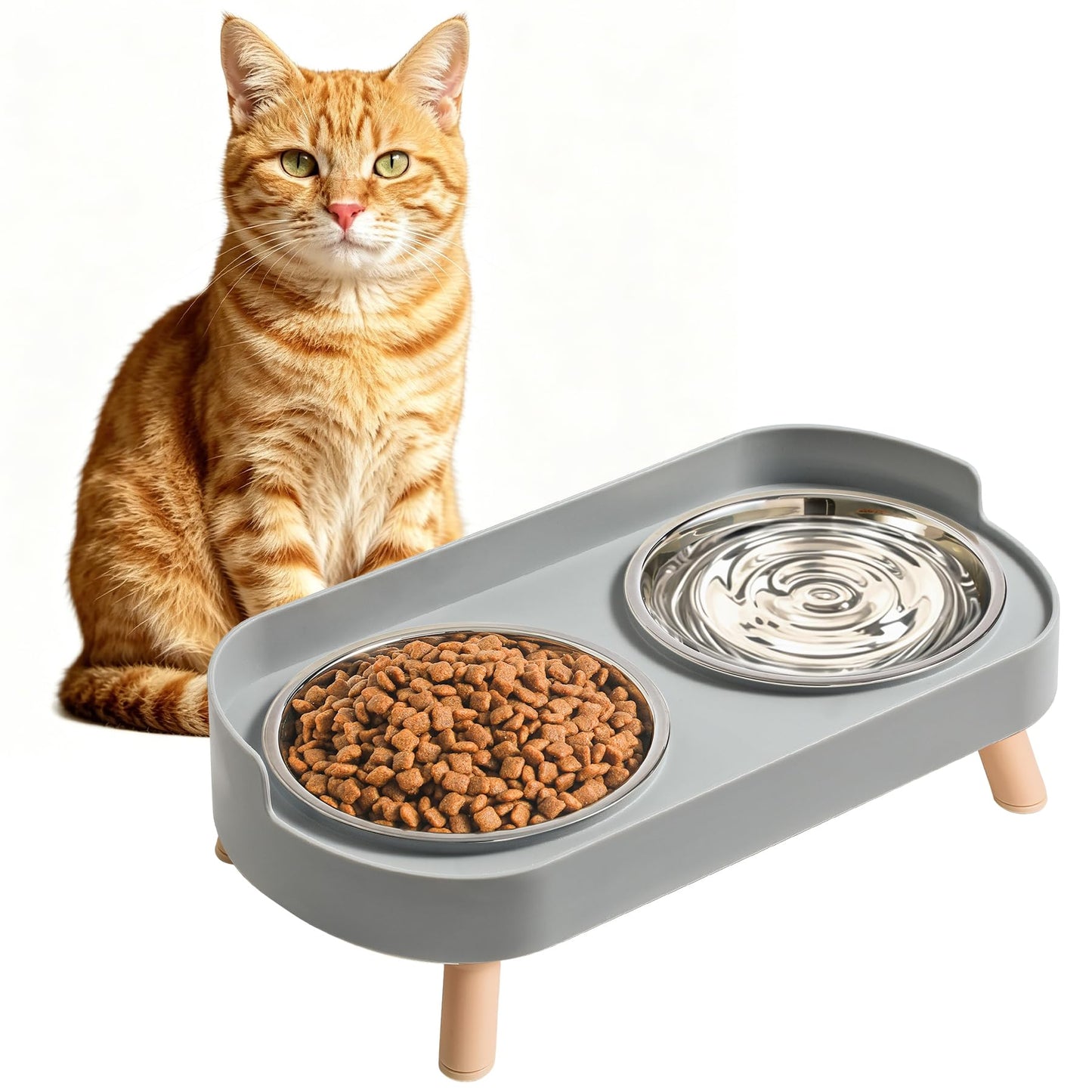 Elevated Cat Bowls Set - Raised Cat Food And Water Bowl Set With Non Slip Stand - Pet Feeding Station With 2 Stainless Steel Bowls Pets Fashion