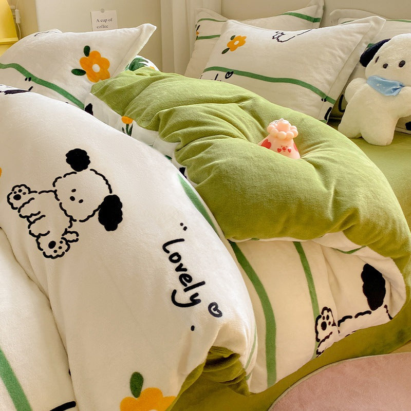 Winter Thickening Milk Fiber Bed Four-piece Coral Velvet Quilt Cover Flange Double-sided Bed Sheet Three-piece Bedding CJD2