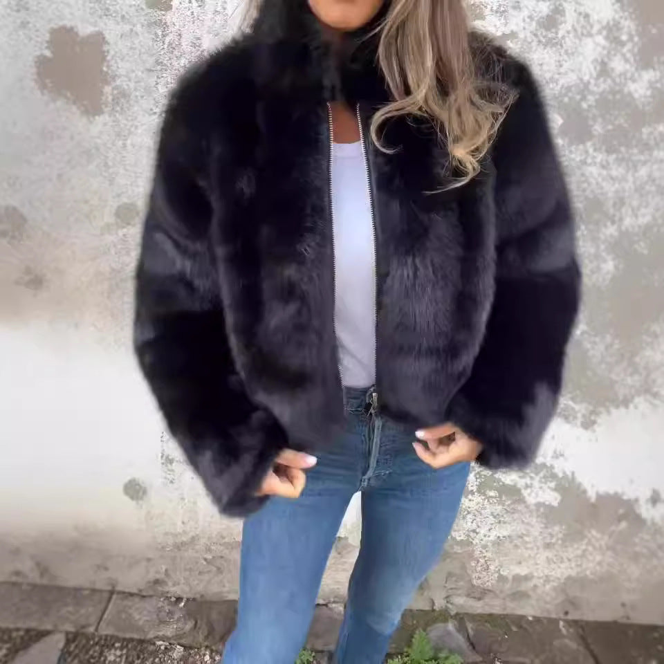 Fashion Stand Collar Plush Jacket Winter Casual Turtleneck Zipper Coat Fleece Tops Women's Clothing LadyShow.Store