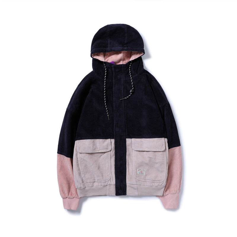 Corduroy Hip-Hop Patchwork Hooded Jacket for Couples Pi-Mart
